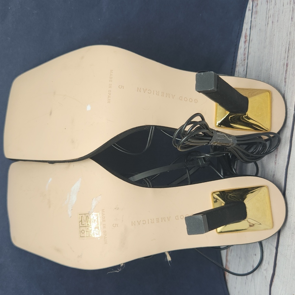 NWT Good American‎ Cage Slanted Sandals Neoprene Black Lace Up Heel Size 5 - Picture 14 of 15